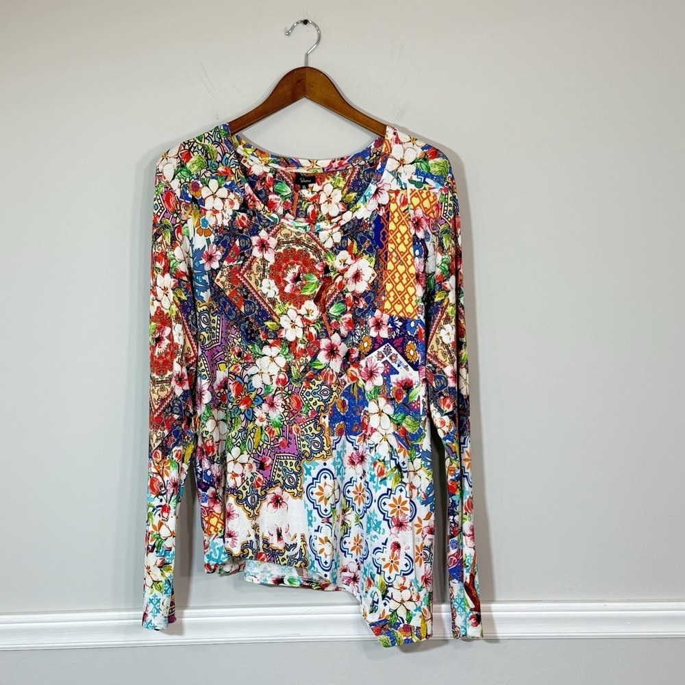 Shana Asymmetrical Hem Floral LS Blouse Womans XL Patchwork Artsy Mature Boho